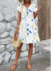 Floral Print Lightweight White A Line Short Sleeve Dress