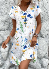 Floral Print Lightweight White A Line Short Sleeve Dress