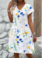 Floral Print Lightweight White A Line Short Sleeve Dress