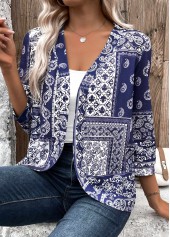 Tribal Print 3/4 Sleeve Navy Light Cardigan