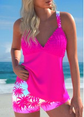 Tropical Plants Print Smocked Hot Pink Tankini Set