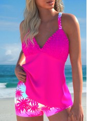 Tropical Plants Print Smocked Hot Pink Tankini Set