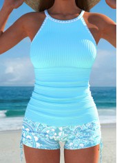 Paisley Print Contrast Binding Cyan Tankini Set