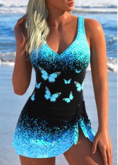 Butterfly Print Tie Cyan One Piece Swimdress