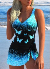 Butterfly Print Tie Cyan One Piece Swimdress