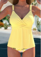 Tropical Plants Print Surplice Light Yellow Tankini Set