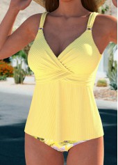 Tropical Plants Print Surplice Light Yellow Tankini Set