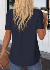 Button Navy Short Sleeve Split Neck Blouse