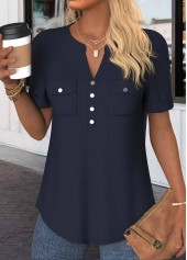 Button Navy Short Sleeve Split Neck Blouse