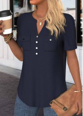 Button Navy Short Sleeve Split Neck Blouse