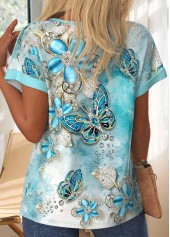 Butterfly Print Button Light Blue Short Sleeve T Shirt