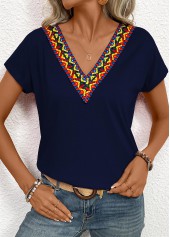 Tribal Print Patchwork Navy Short Sleeve T Shirt