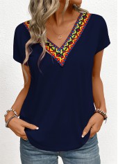 Tribal Print Patchwork Navy Short Sleeve T Shirt