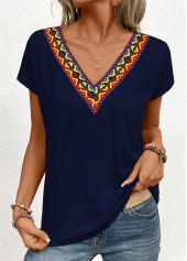 Tribal Print Patchwork Navy Short Sleeve T Shirt