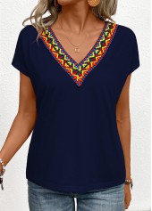 Tribal Print Patchwork Navy Short Sleeve T Shirt