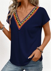 Tribal Print Patchwork Navy Short Sleeve T Shirt