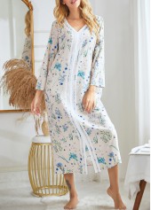 Ditsy Floral Print V Neck Long Sleeve Blue Nightdress