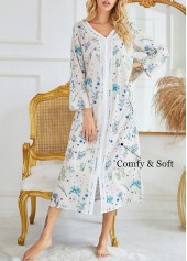 Ditsy Floral Print V Neck Long Sleeve Blue Nightdress