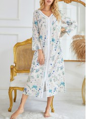 Ditsy Floral Print V Neck Long Sleeve Blue Nightdress