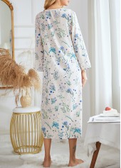 Ditsy Floral Print V Neck Long Sleeve Blue Nightdress