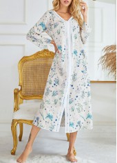 Ditsy Floral Print V Neck Long Sleeve Blue Nightdress