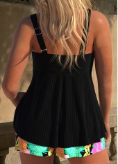 Floral Print Surplice Black Tankini Set