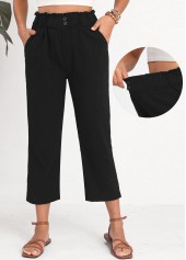 Black Elastic Waist Button High Waisted Pants