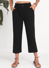 Black Elastic Waist Button High Waisted Pants