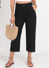 Black Elastic Waist Button High Waisted Pants