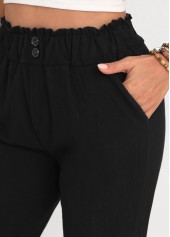 Black Elastic Waist Button High Waisted Pants