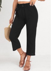 Black Elastic Waist Button High Waisted Pants