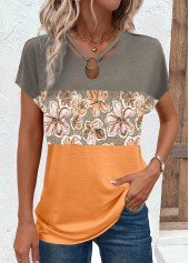 Floral Print Circular Ring Orange Short Sleeve T Shirt