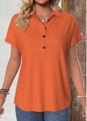 Button Terracotta Short Sleeve Shirt Collar Blouse