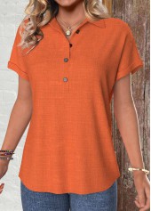 Button Terracotta Short Sleeve Shirt Collar Blouse
