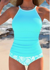 Marine Life Print Contrast Binding Cyan Tankini Set