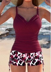 Leopard Ruched Wine Red Tankini Set