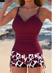 Leopard Ruched Wine Red Tankini Set