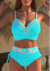 Floral Print Jacquard Cyan Bikini Set