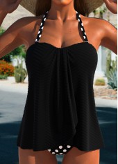 Polka Dot Cross Hem Black Tankini Set