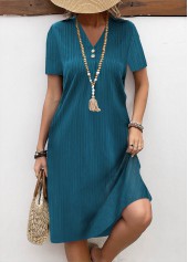 Button Turquoise A Line Short Sleeve V Neck Dress