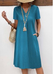 Button Turquoise A Line Short Sleeve V Neck Dress