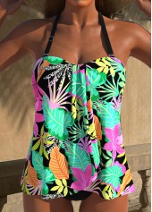 Floral Print Cross Hem Black Tankini Set