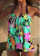 Floral Print Cross Hem Black Tankini Set