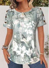 Floral Print Button Sage Green Short Sleeve T Shirt