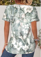 Floral Print Button Sage Green Short Sleeve T Shirt