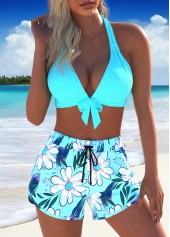 Floral Print Tie Cyan Bikini Set