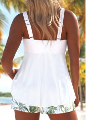 Tropical Plants Print Surplice White Tankini Set
