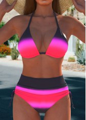 Multi Stripe Print Bowknot Hot Pink Bikini Set