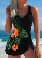 Floral Print Tie Black One Piece Swimdress