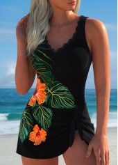 Floral Print Tie Black One Piece Swimdress